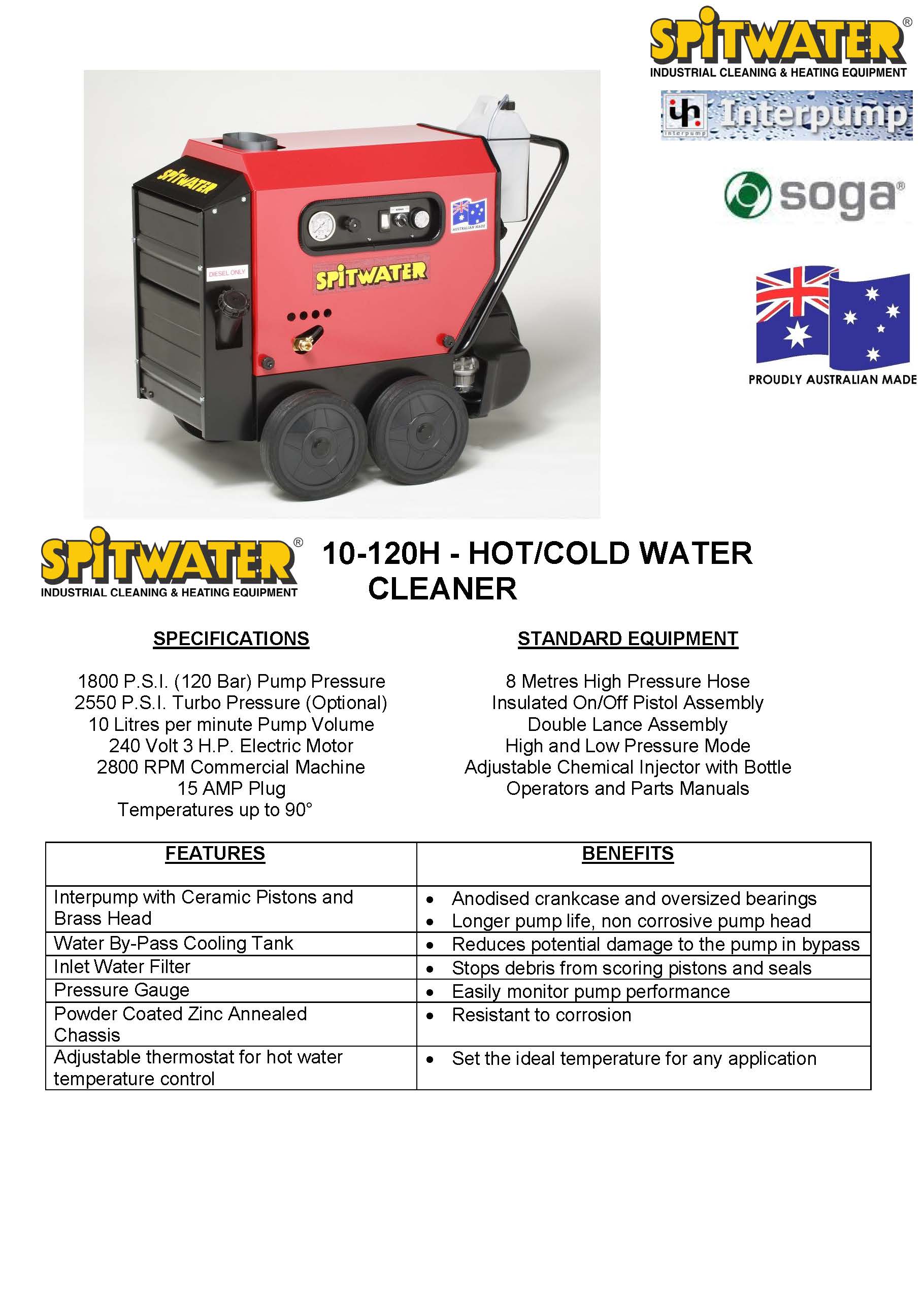 SPITWATER 10L/M 1800PSI/120BAR 3HP ELECTRIC HOT and COLD WATER WATERBLASTER