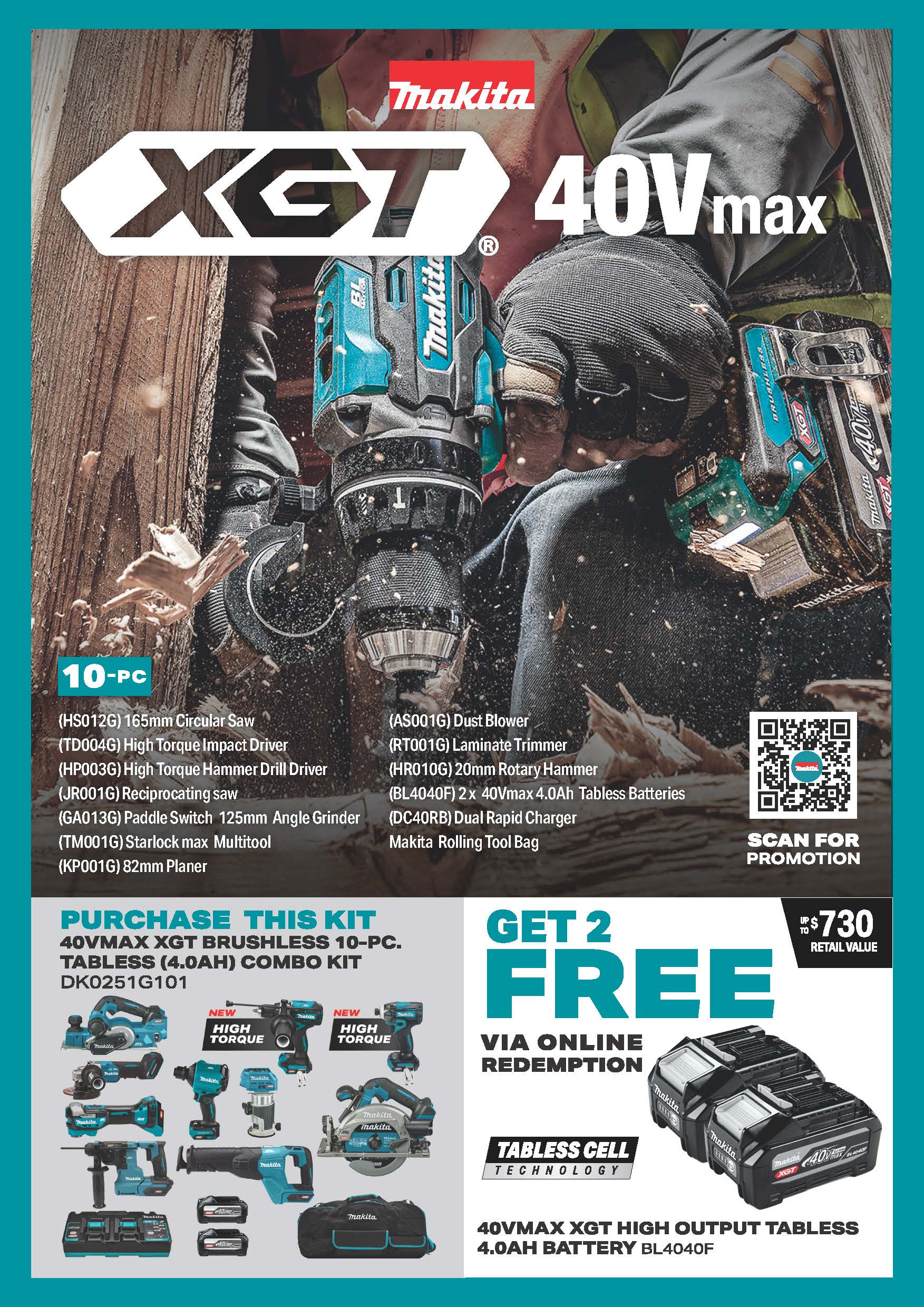 Makita 40Vmax XGT Brushless 10 Piece Combo Kit 2x 4.0AH