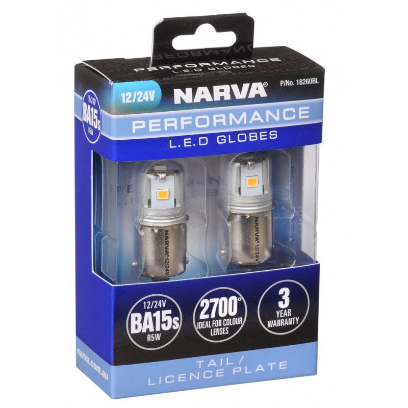 NARVA 12/24V BA15S R5W LED GLOBES 2 PACK