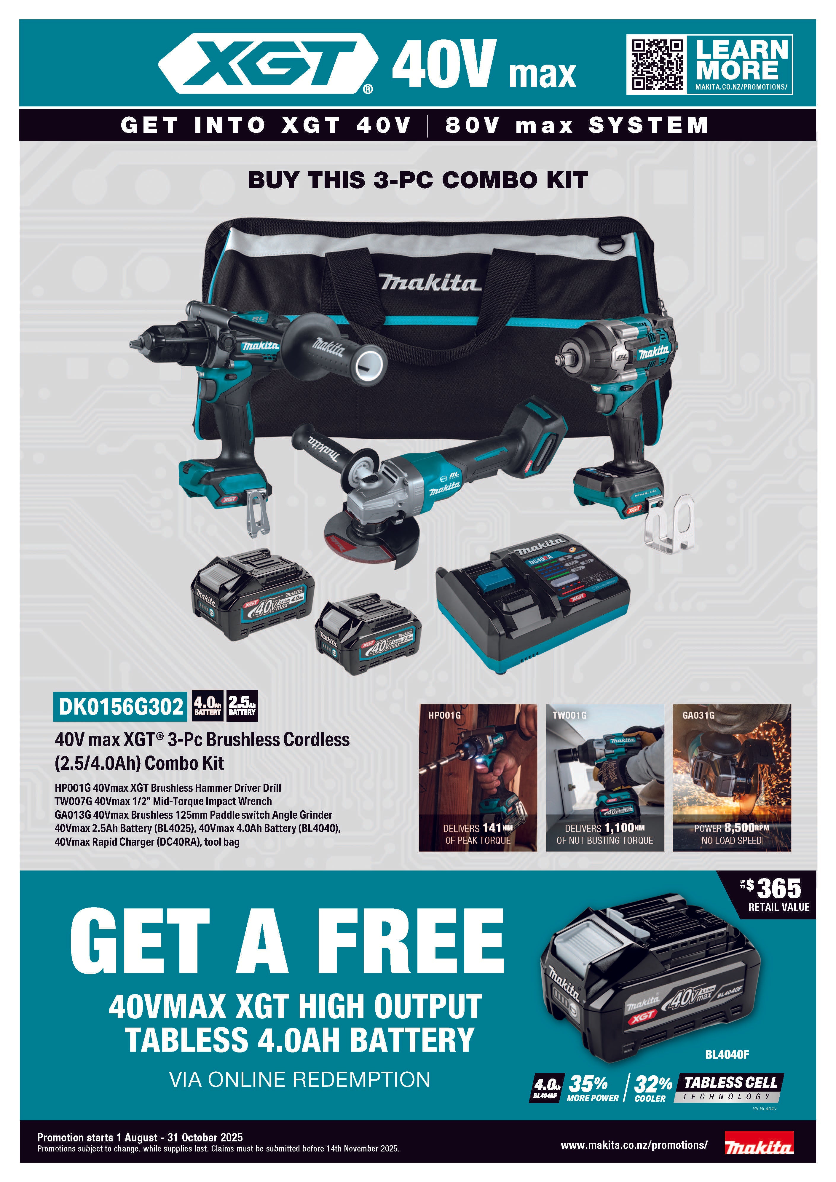 Makita 40Vmax Brushless 3-Pc. Combo (2.5Ah/ 4.0Ah) Kit