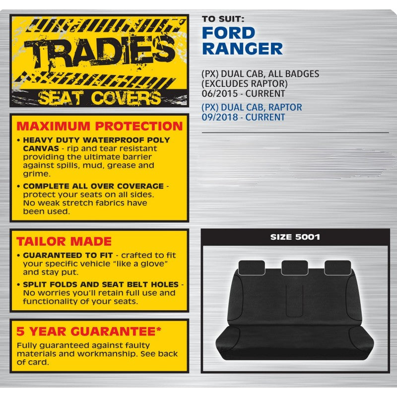 TRADIES BLACK CANVAS REAR SEAT COVER - FORD RANGER PY T6.2 XL XLS