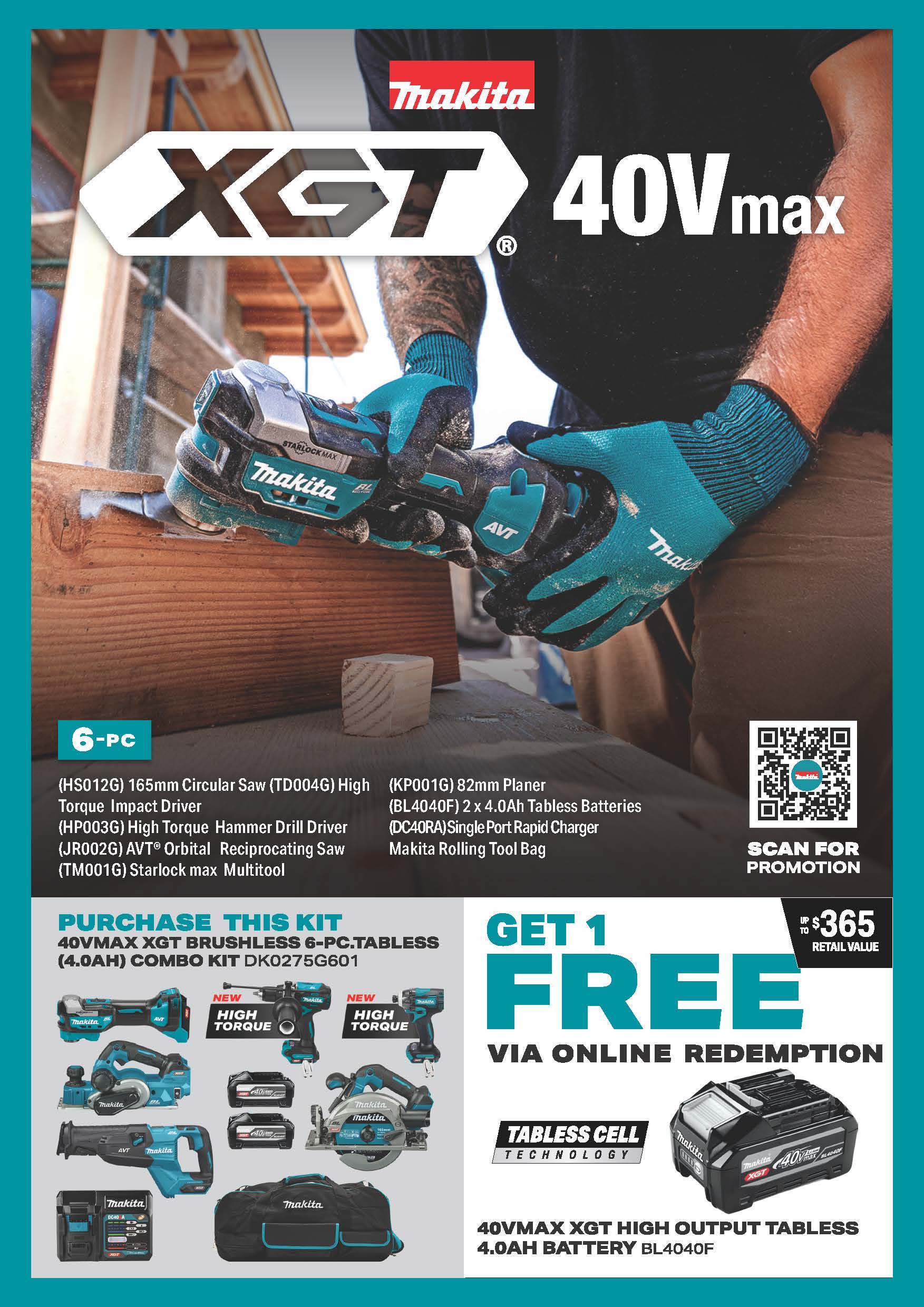 Makita 40Vmax XGT Brushless 6 Piece Combo Kit 2x4.0AH