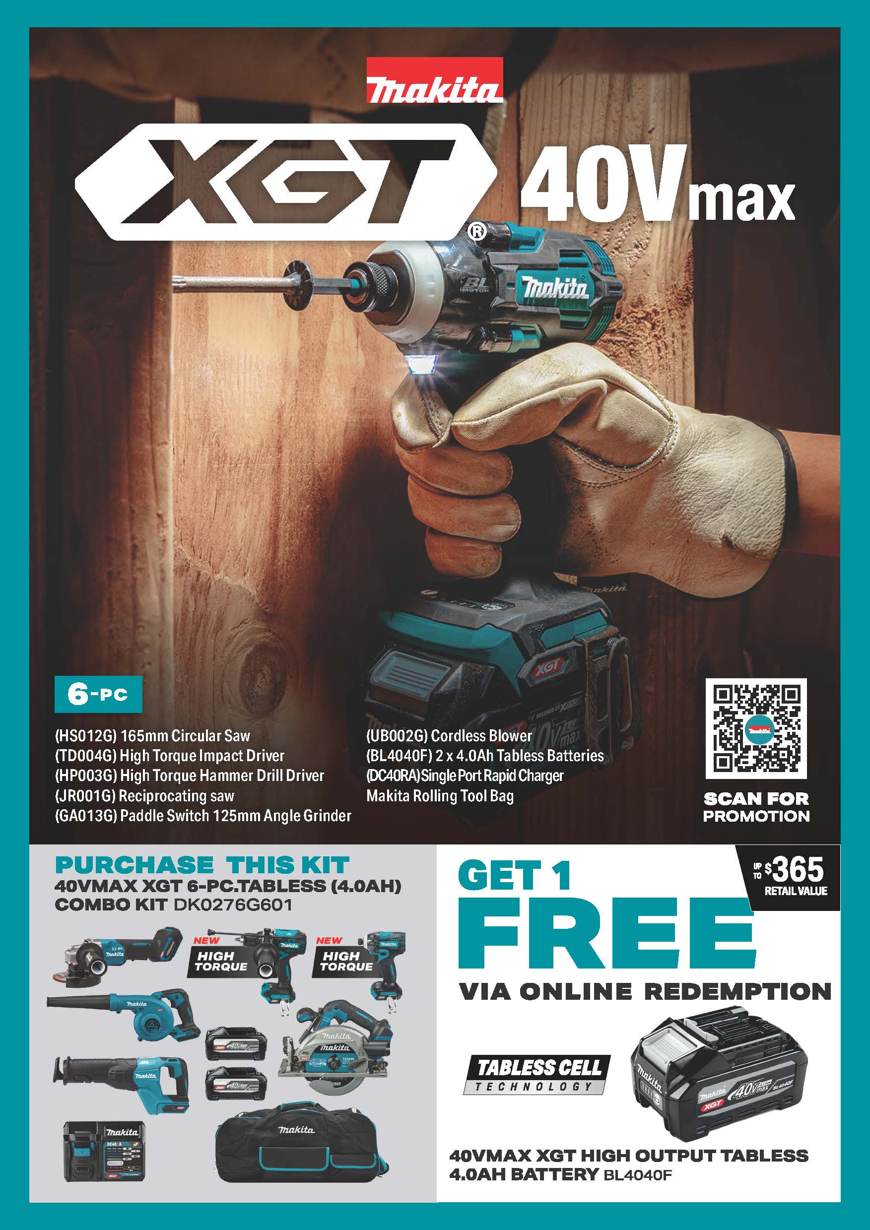 Makita XGT 6PC KIT GA013 2xBL4040F