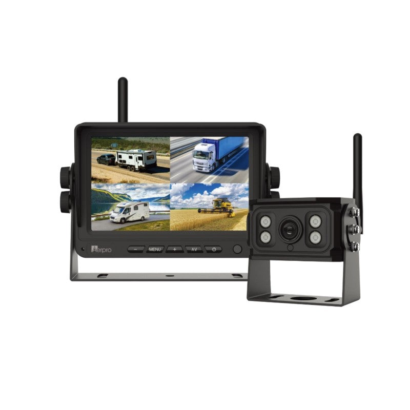 AERPRO 7IN WIRELESS HEAVY D QUAD VIEW MONITOR 1080PHD CAM KIT W DVR