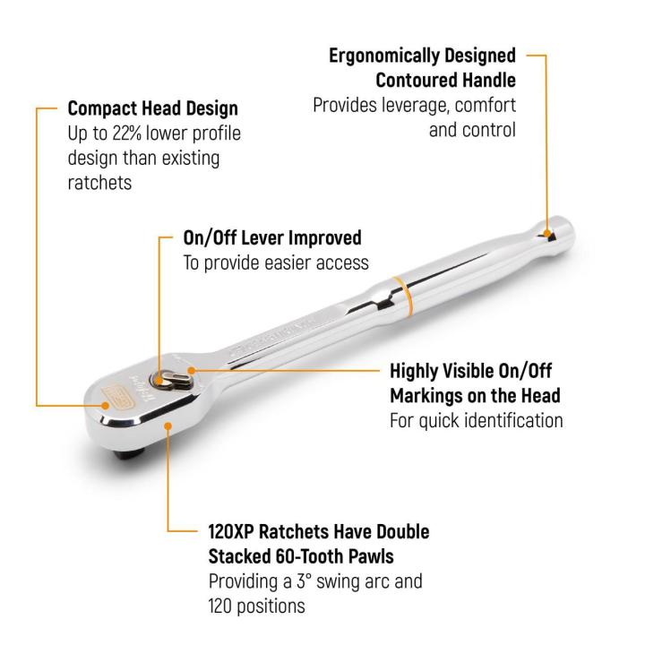 GW 3/8 Inch Drive 120XP Full Polish Chrome Stubby Flex Head Teardrop Ratchet 4-3/4 Inch