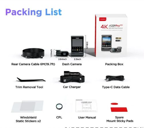 VIOFO DASHCAM A229 PRO 4K FRONT, 2K INTERNAL 5GHZ WIFI , GPS