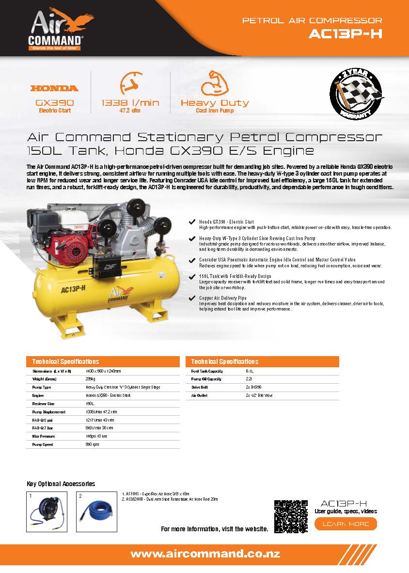 Air Command Stationary Petrol Compressor 150L Tank, Honda GX390 E/S Engine