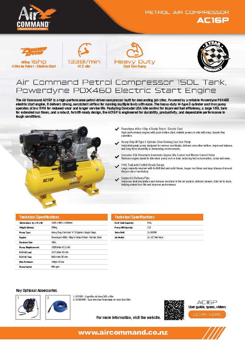 Air Command Petrol Compressor 150L Tank, Powerdyne PDX460 Electric Start Engine