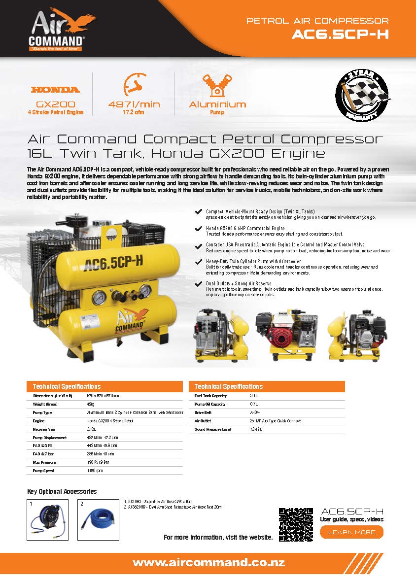 Air Command Compact Petrol Compressor 16L Twin Tank, Honda GX200 Engine