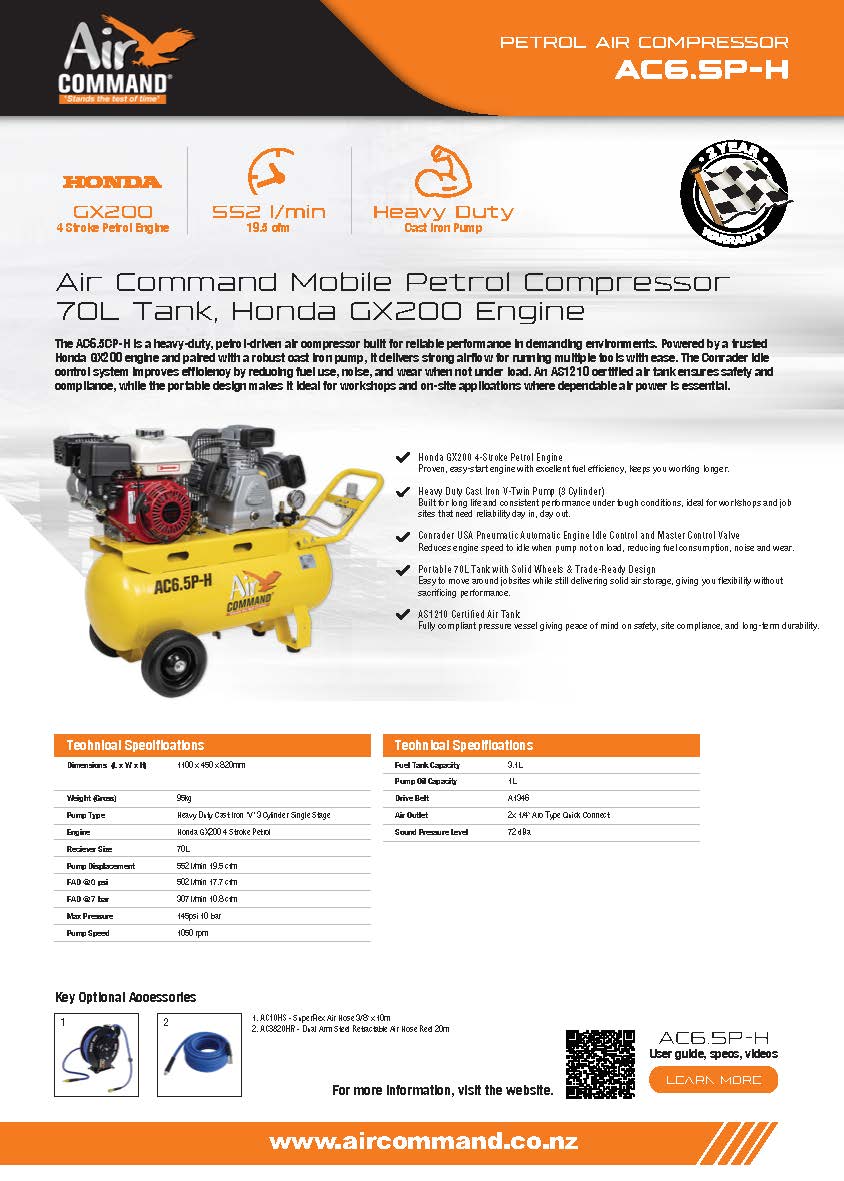 Air Command Mobile Petrol Compressor 70L Tank, Honda GX200 Engine