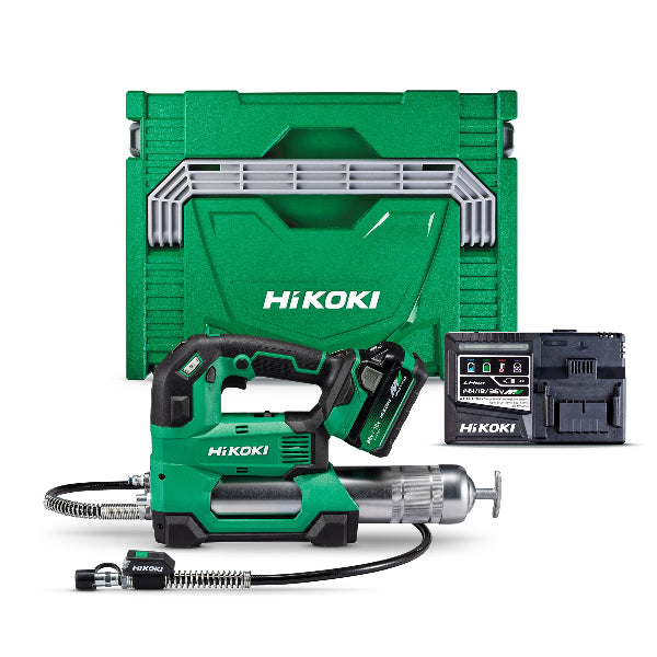Hikoki 18V Cordless 450G Grease Gun Kit including the grease gun, a battery, a rapid charger, and a green hard case.