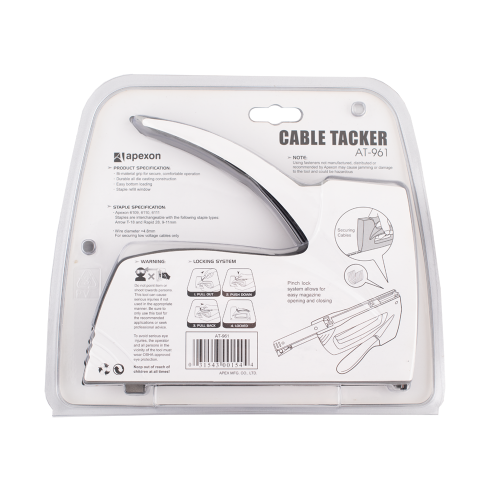 Cable tacker in clear packaging with brand label on a white background