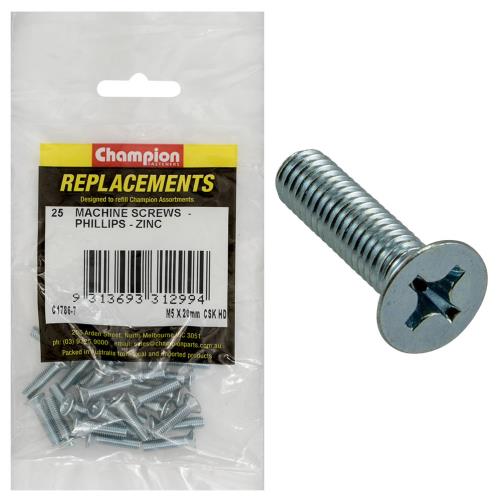 Champion M5 X 20mm Machine Screw -Csk -Ph -25Pk