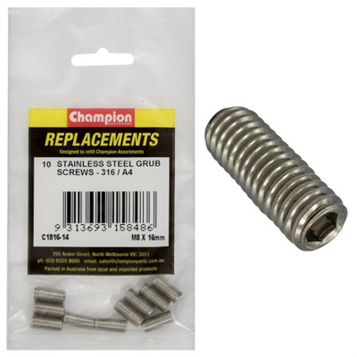 Champion M8 X 16mm Metric Grub Screw 316/A4 -10Pk