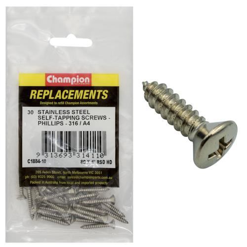 Champion 8G X 1In S/Tapping Screw -Rsd -Ph -316/A4 -30Pk
