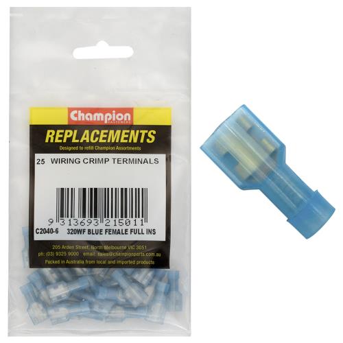 Champion Blue Female Insulated Push-On Spade Terminal -25Pk