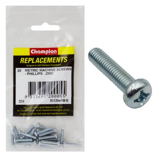 Champion M4 X 20mm Machine Screw P/H Phillips -20Pk