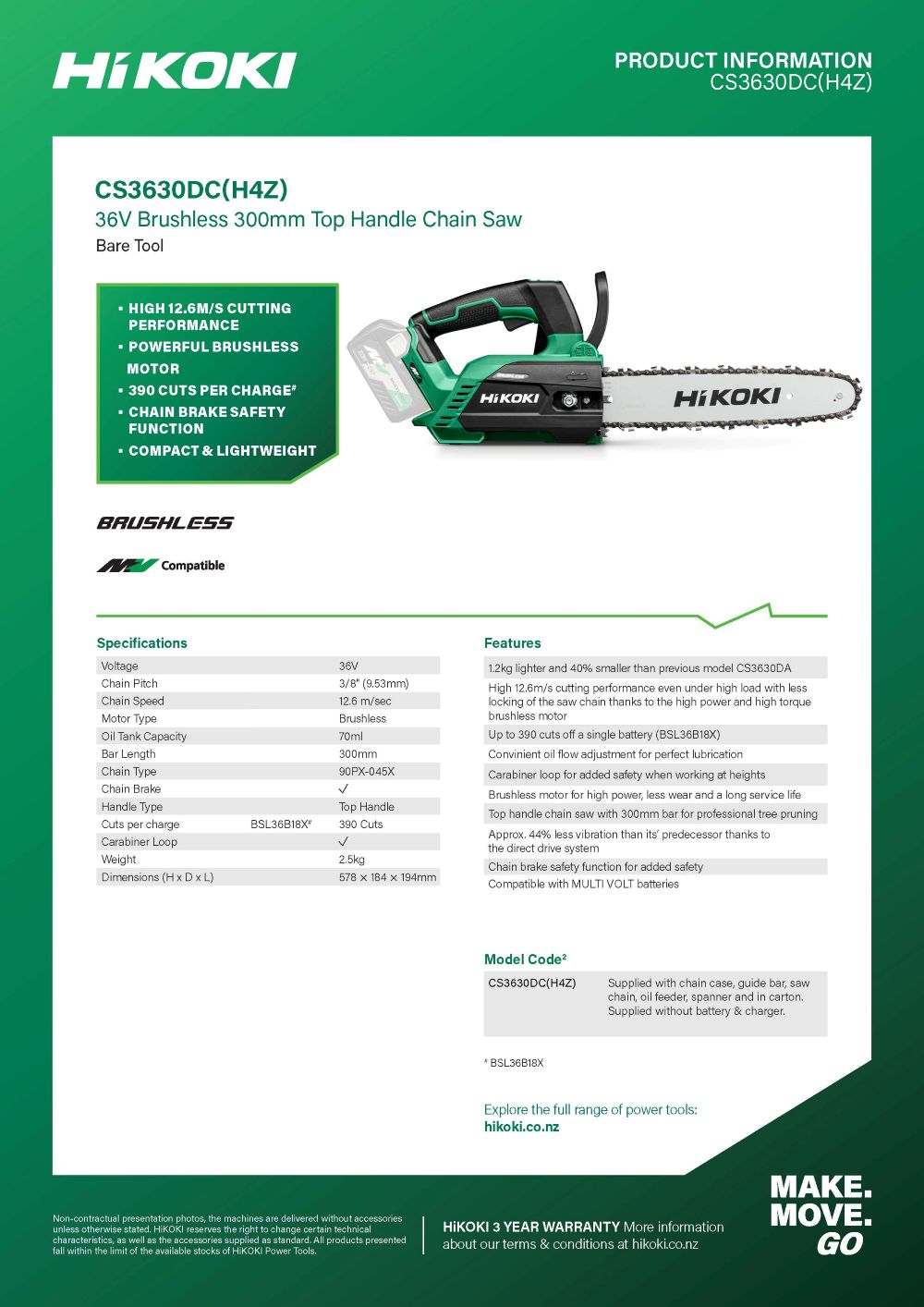 Hikoki 36V Brushless 300mm Top Handle Chainsaw Bare Tool