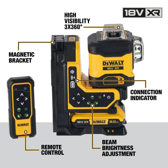 Dewalt 18V 3X360 REMOTE CONTROL GREEN LASER with free DCB184-XE