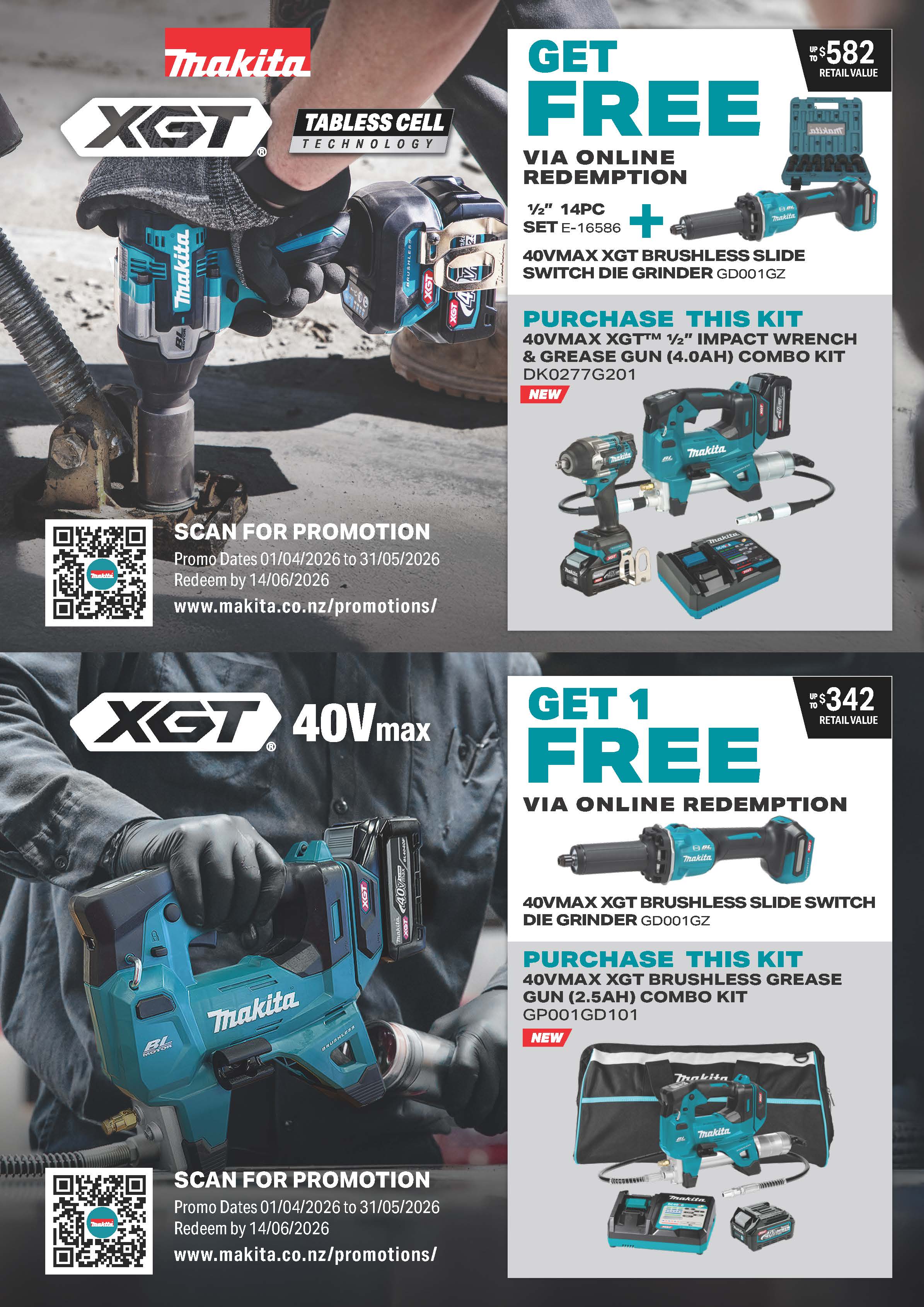 Makita 40Vmax XGT Grease Gun and 1/2 inch Impact Wrench Kit (4.0Ah)