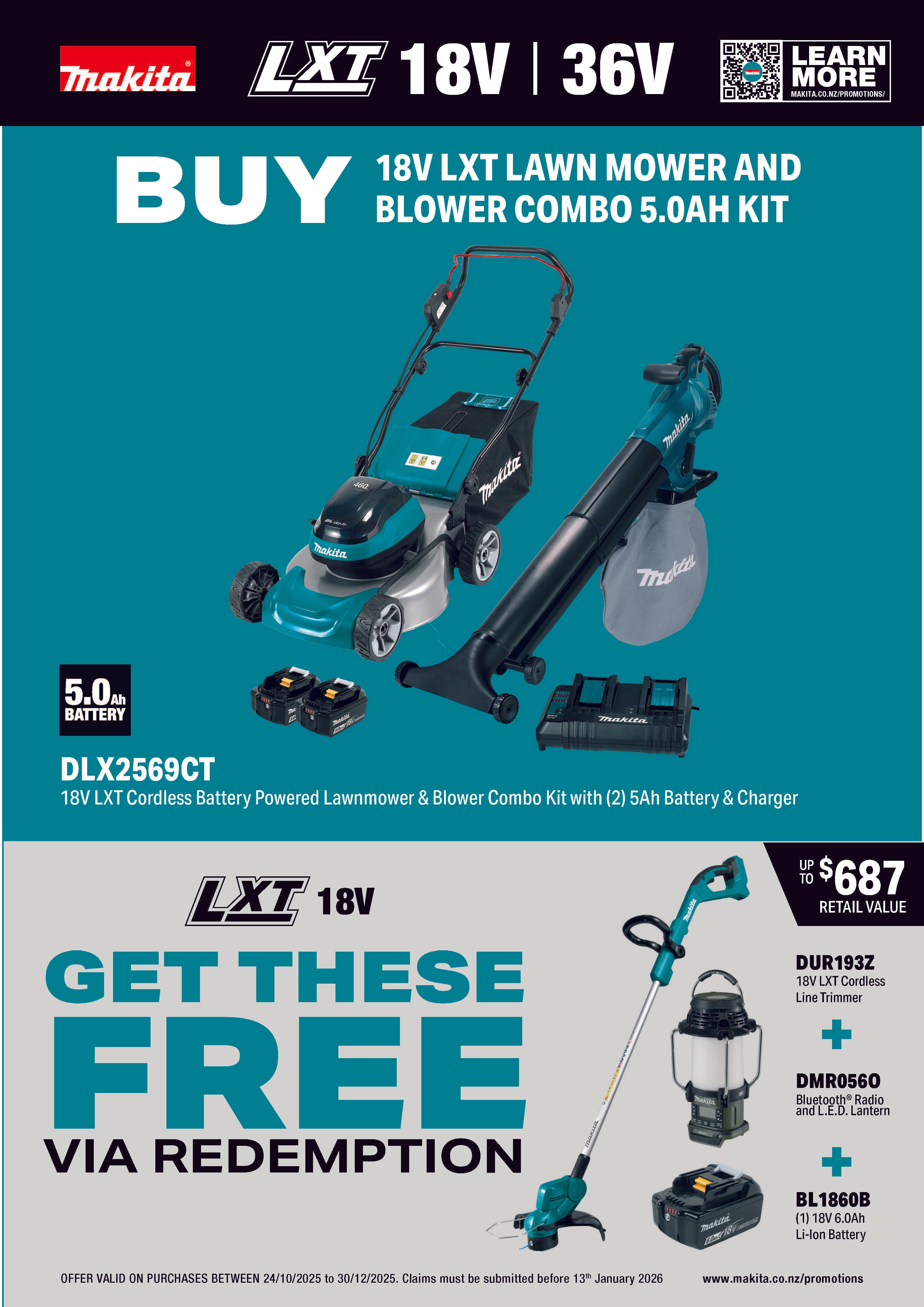 Makita 18V LXT Lawnmower / Blower (5.0Ah) Kit