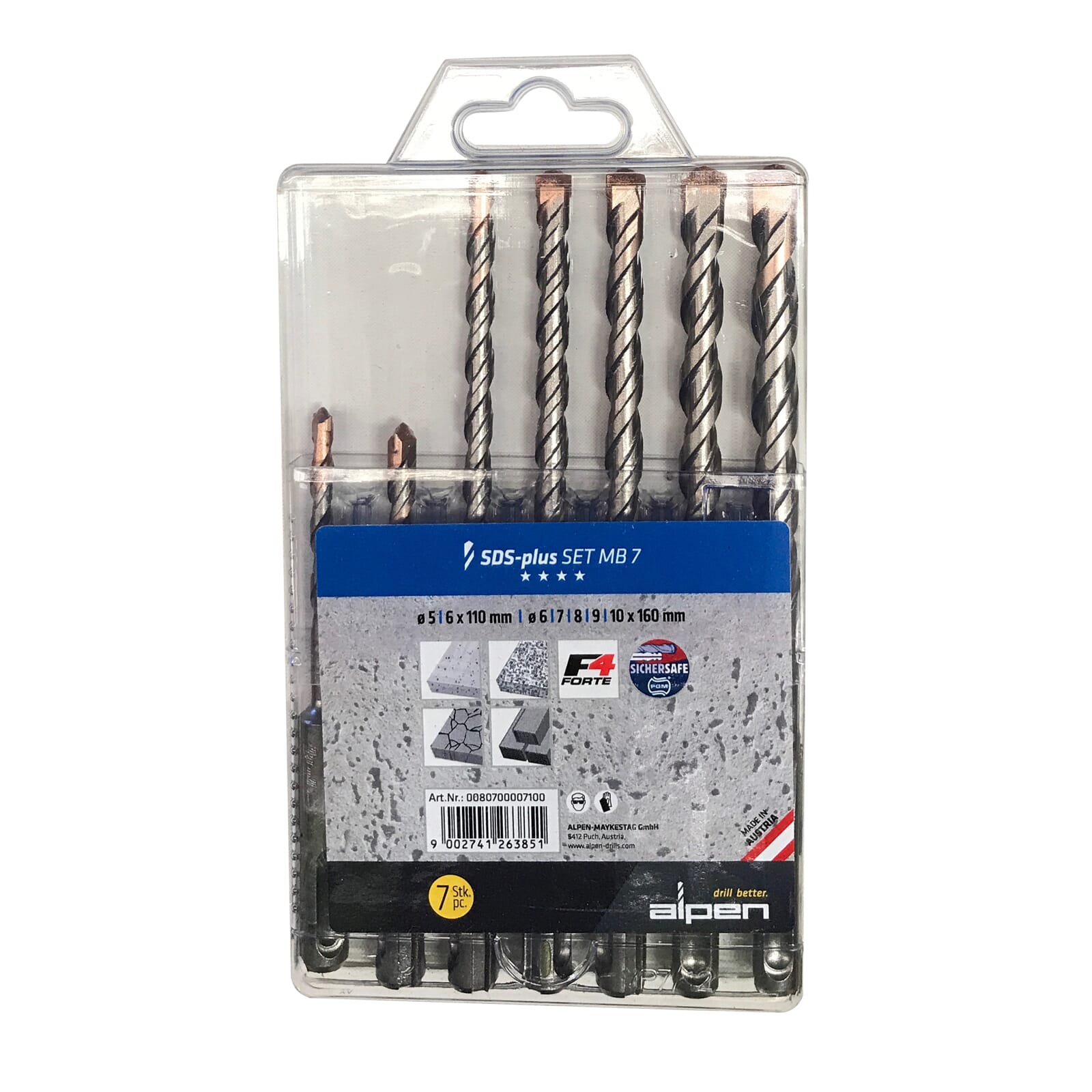 Alpen Series 807 SDS Plus 2 Flute Masonary Drill MB7 Set of 7 Ø 5, 6mm x 110mm Ø 6, 7, 8, 9, 10mm x 160mm
