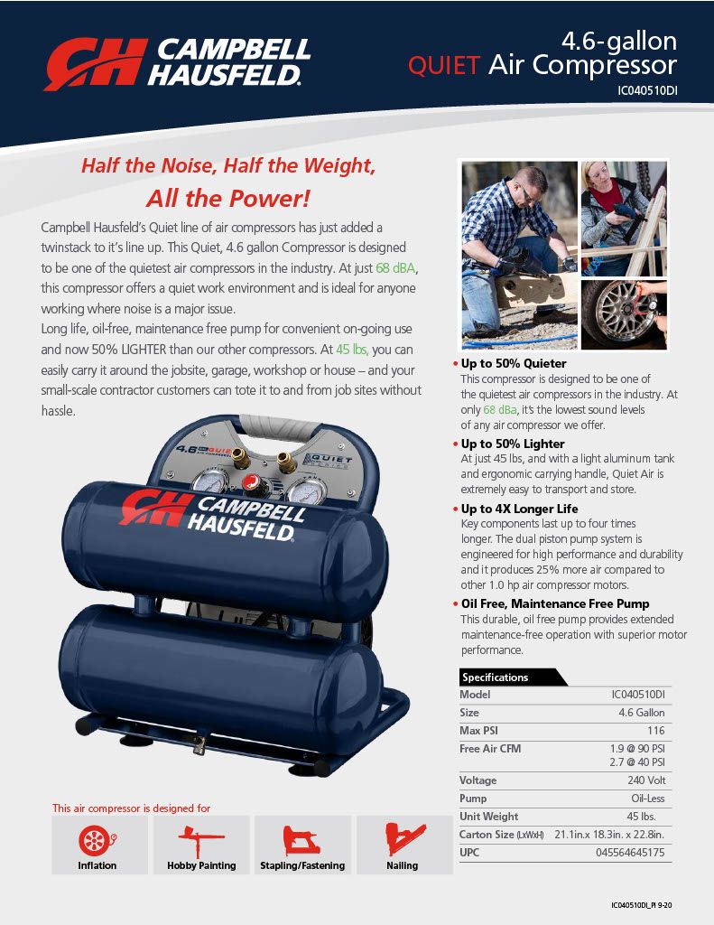 Campbell Hausfeld Twin Stack 1Hp Oil Free Compressor 17L Tanks