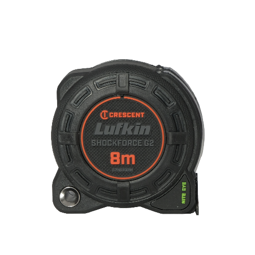 Crescent Lufkin Shockforce G2 Nite Eye tape measure with black and orange details on a white background.