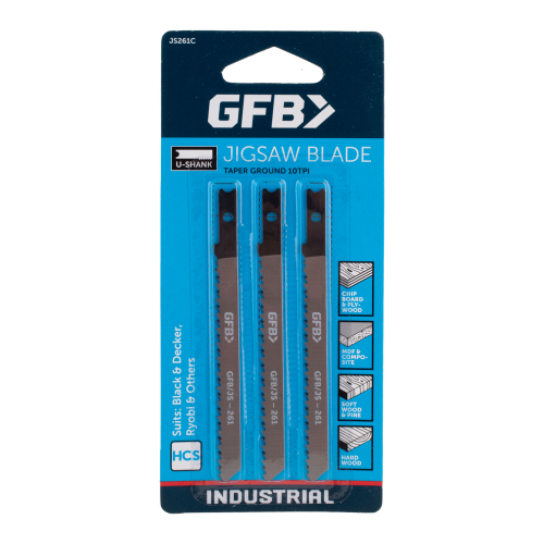 Pack of GFB jigsaw blades with blue packaging on a white background