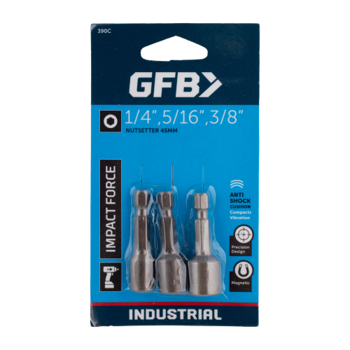 GFB nutsetter packaging with three metal bits on a blue background