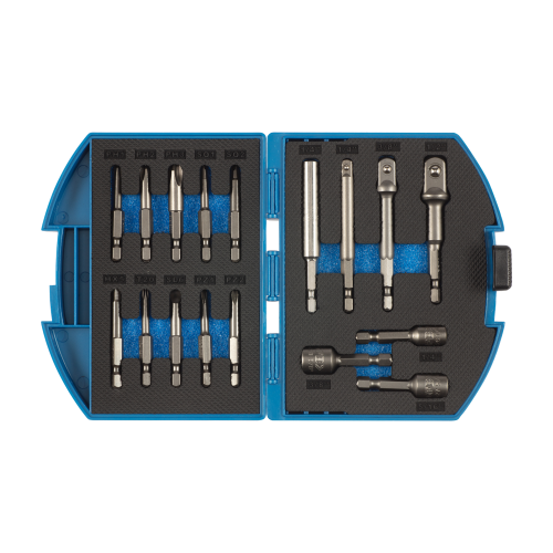 Set of GFB drill bits in a blue and black case on a white background