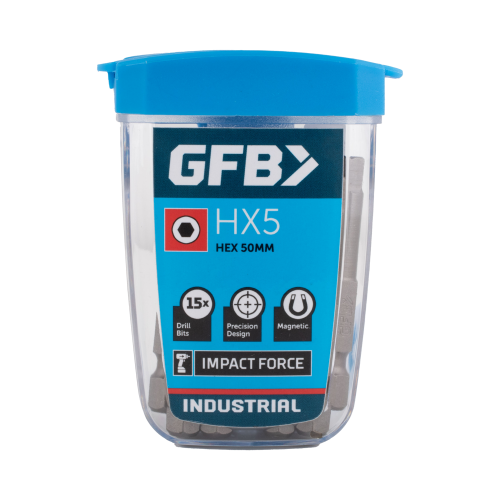 Container of GFBX HX5 drill bits with blue lid on a white background