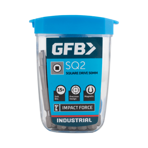 GFB SQ2 square drive drill bit set in a clear container with blue lid on a white background