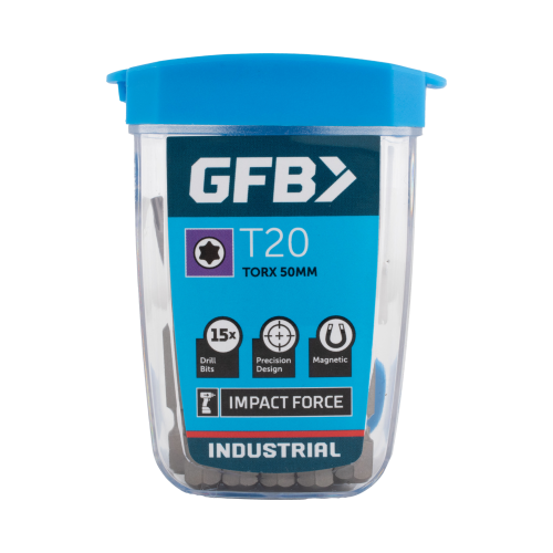GFB Impact Force Industrial product container with blue lid and clear body on a white background
