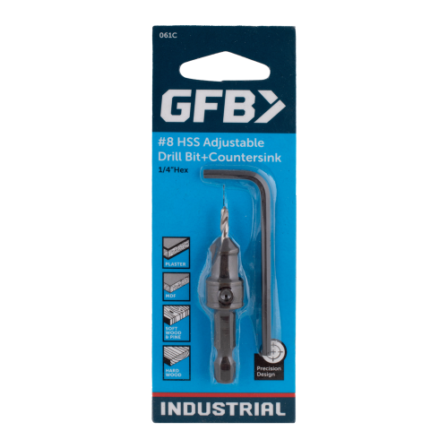 GFB #8 HSS Adjustable Drill Bit & Countersink packaging on a white background