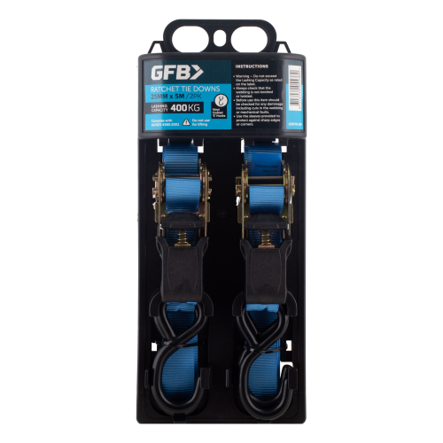 Packaged GFB ratchet tie downs with blue straps on a white background