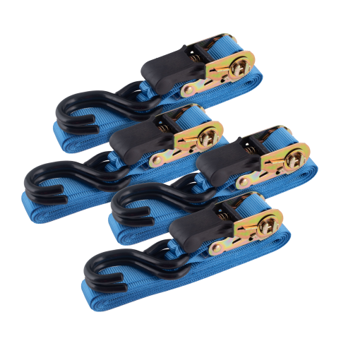 Set of GFB blue ratchet straps with black hooks on a white background