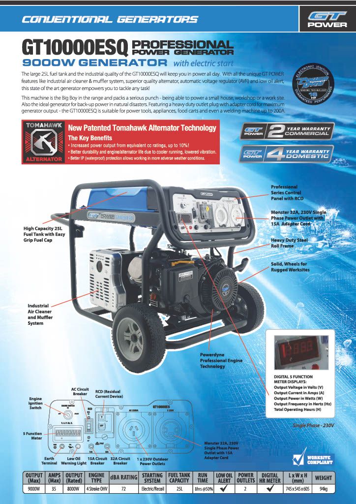 Gt Power 9000W Generator inc. Battery Square Alternator