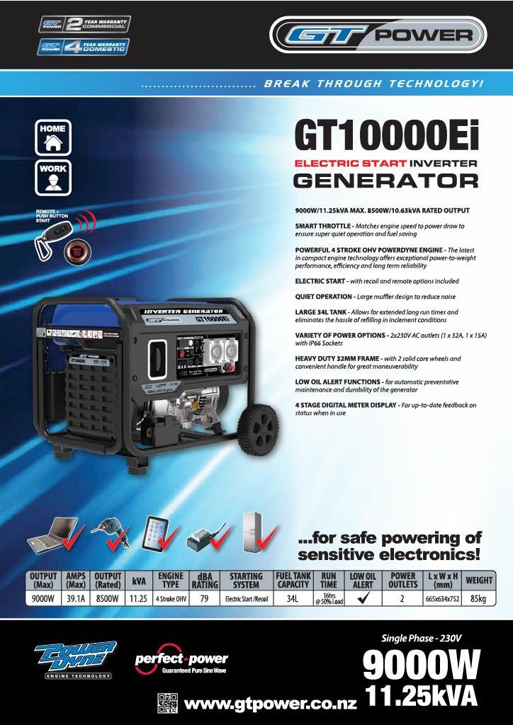 GT Power 9000W/11.25kVA Electric Start Open Frame Inverter Generator