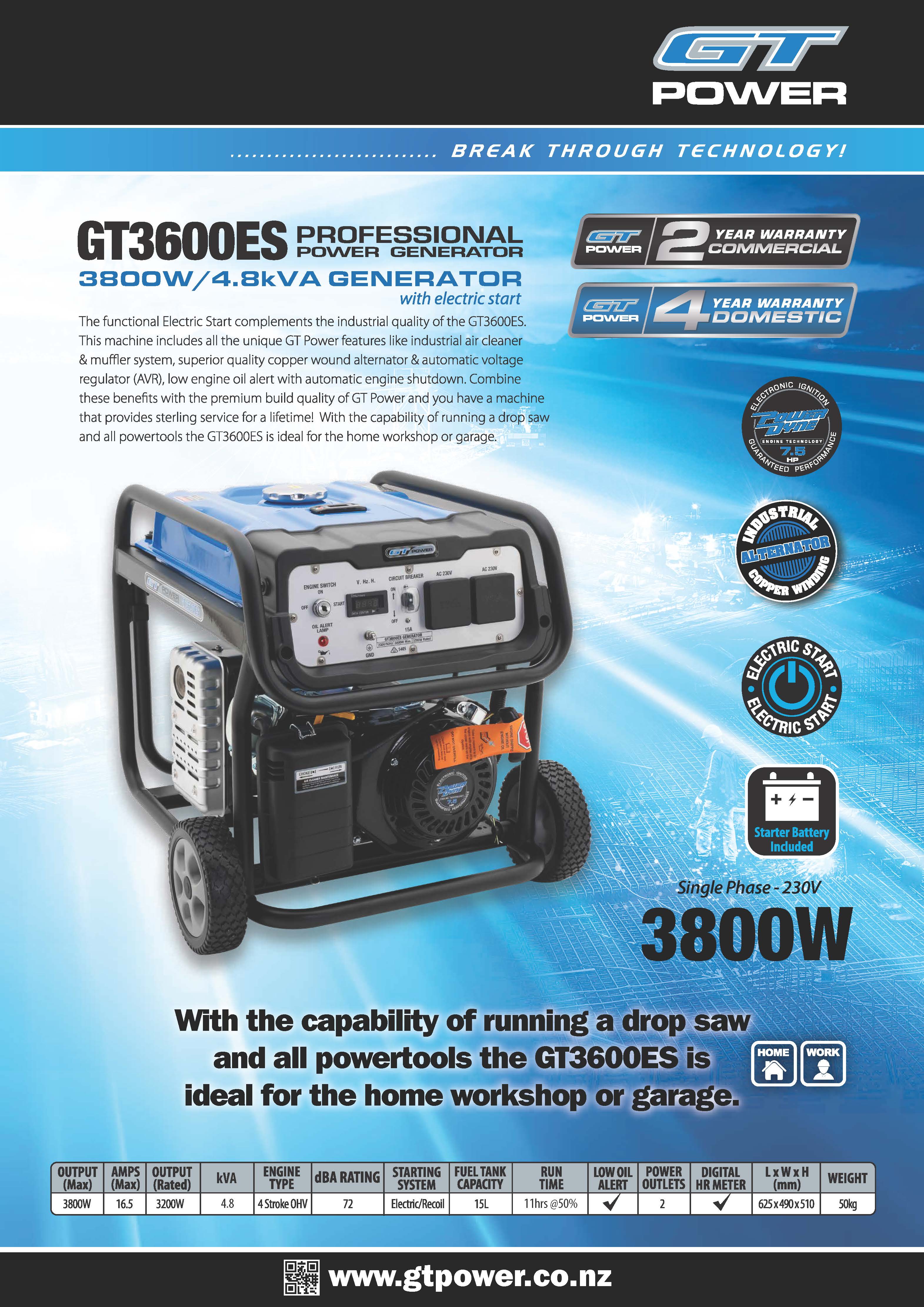 Gt Power 3800W Electric Start Generator