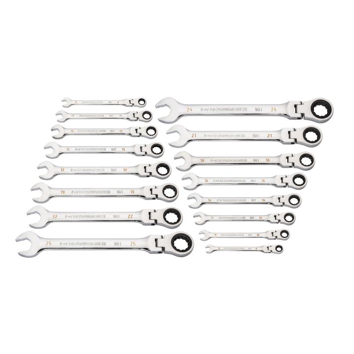 GW 16 PC 90T 12 PT FLEX HEAD RATCHETING COMBINATION METRIC WRENCH SET