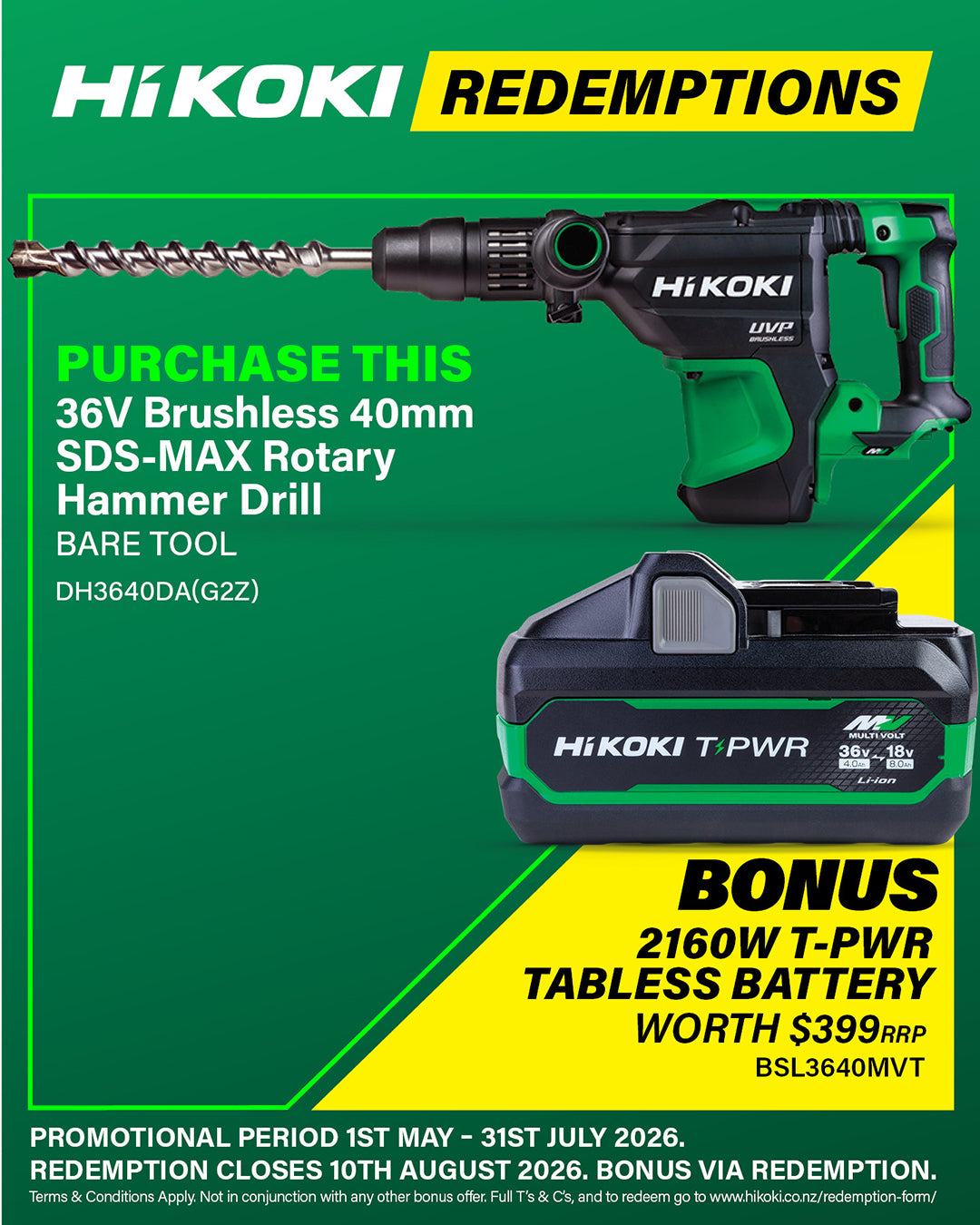HIKOKI 36V 40MM SDS-MAX ROTARY HAMMER DRILL - BARE TOOL