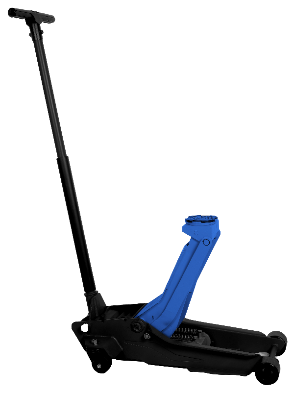 A black Wayco Garage Jack with a blue saddle, featuring nylon wheels and a fast lift foot pedal.