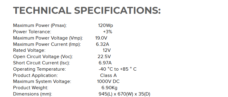 KT 120W 12V Monocrystalline Solar Panel