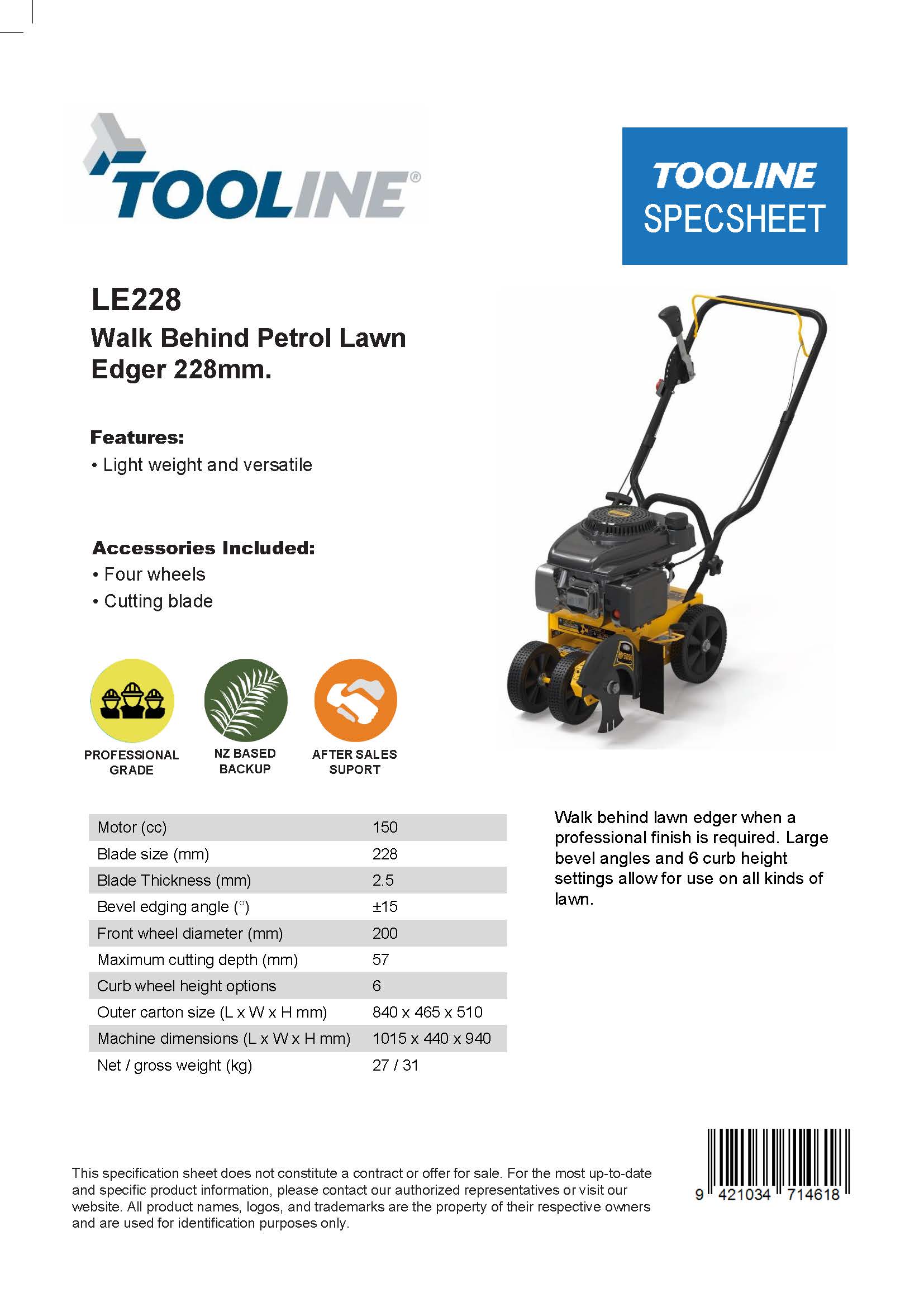 Tooline LE228 Walk Behind Lawn Edger