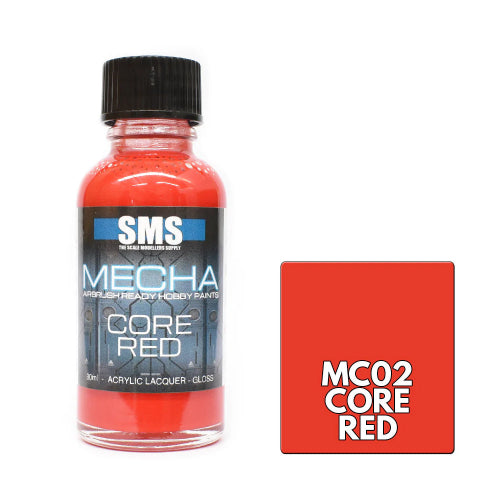 A 30ml bottle of SMS Mecha Core Red gloss acrylic lacquer next to a red square color swatch displaying 'MC02 CORE RED'.