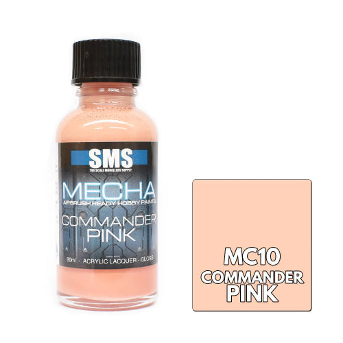 A bottle of SMS Mecha Heavy Duty Paint in Commander Pink (MC10) acrylic lacquer, shown next to a color swatch tile on a white background.