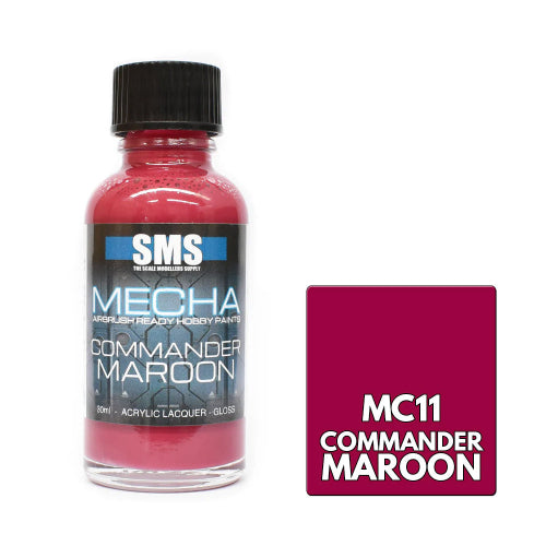 A bottle of SMS Mecha Commander Maroon acrylic lacquer next to a color swatch labeled MC11 Commander Maroon, on a plain white background.