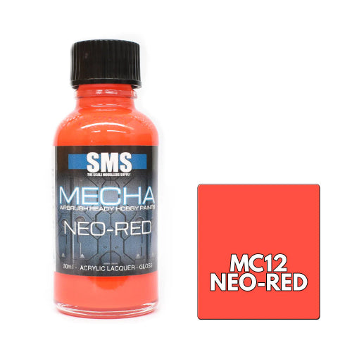 A bottle of SMS Mecha Neo-Red acrylic lacquer next to a red color swatch card labeled MC12 NEO-RED, on a plain white background.