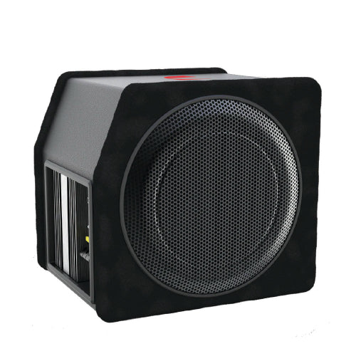 A black subwoofer enclosure with a large circular speaker grille on the front and a side panel with input connectors, shown on a plain white background.